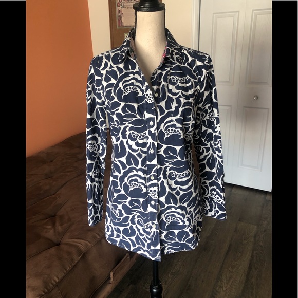 BODEN navy and white patterned button down shirt - Picture 4 of 8